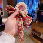 Rose red ribbon / Pearl Hair Tie