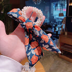 Red rose and blue ribbon / Pearl Hair Tie