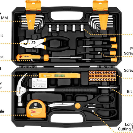 62-Piece Household Tool Set：Small Basic Home Tool Kit with Plastic Toolbox, Hand Tools with Storage Case DEKOPRO
